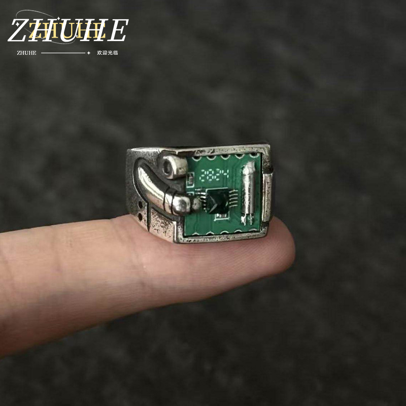 Tech Accessories Industry - テクノロジーにインスパイアされたPCBパターンリングジュエリーアクセサリー、男性用、女性用、銅合金レトロインダストリアルオープンリング、グリーンジェム付き、ハンドマ