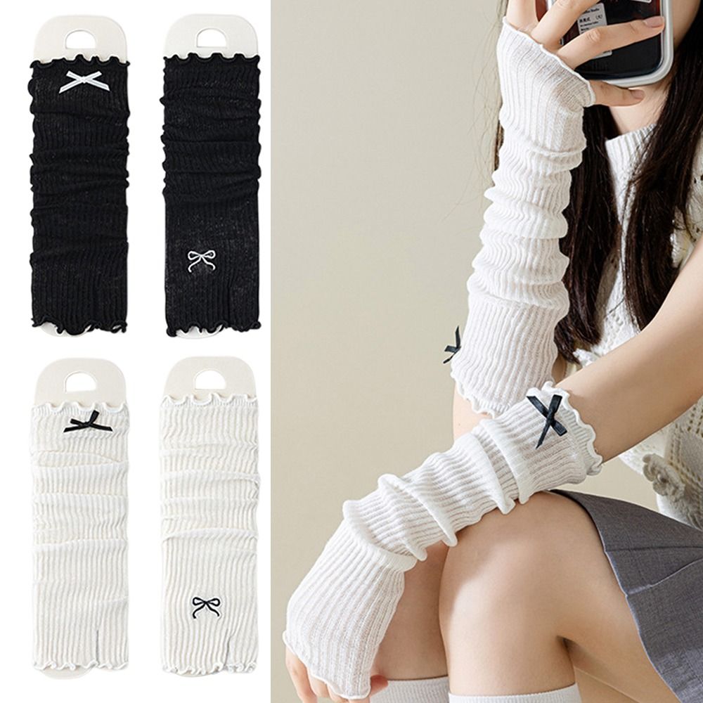 Y2K Tech Accessories - Y2K 刺繍入りリボンロリータレース手袋弾性暖かい腕指なしミトン日本製 UV 保護手袋コスプレアクセサリー