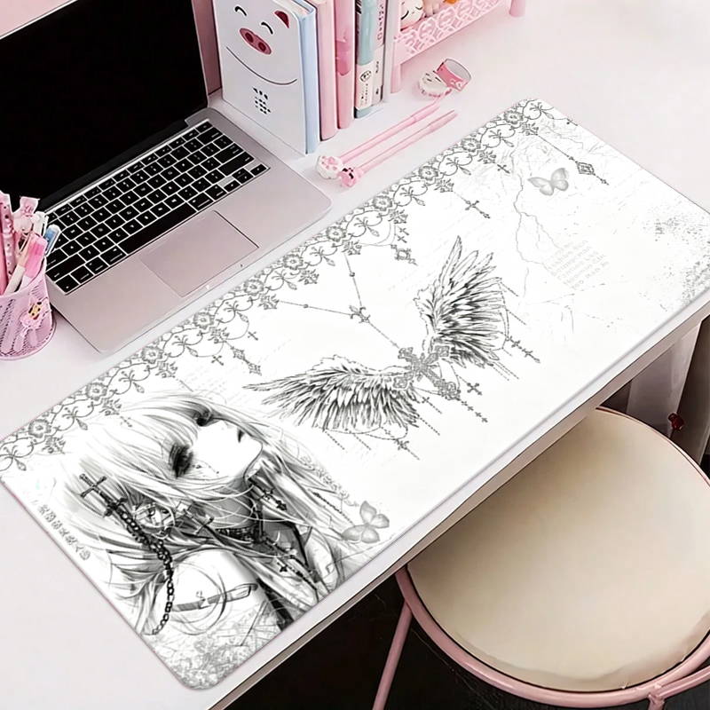 Tech Gaming Accessories - レザーマウスパッド黒白アニメ美学エンジェルガールマウスパッドオフィスアクセサリーPCゲームキーボードEスポーツHDデスクマット