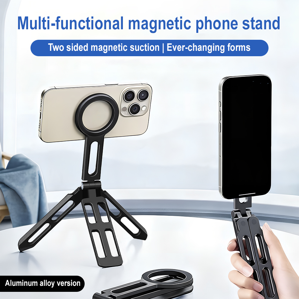 Phone Stand Aluminum - マグネット式スマホホルダー 四軸360度回転 ° 回転折りたたみ式自撮り棒 アルミ合金製ポータブルポケット三脚スタンド Vlogライブ用