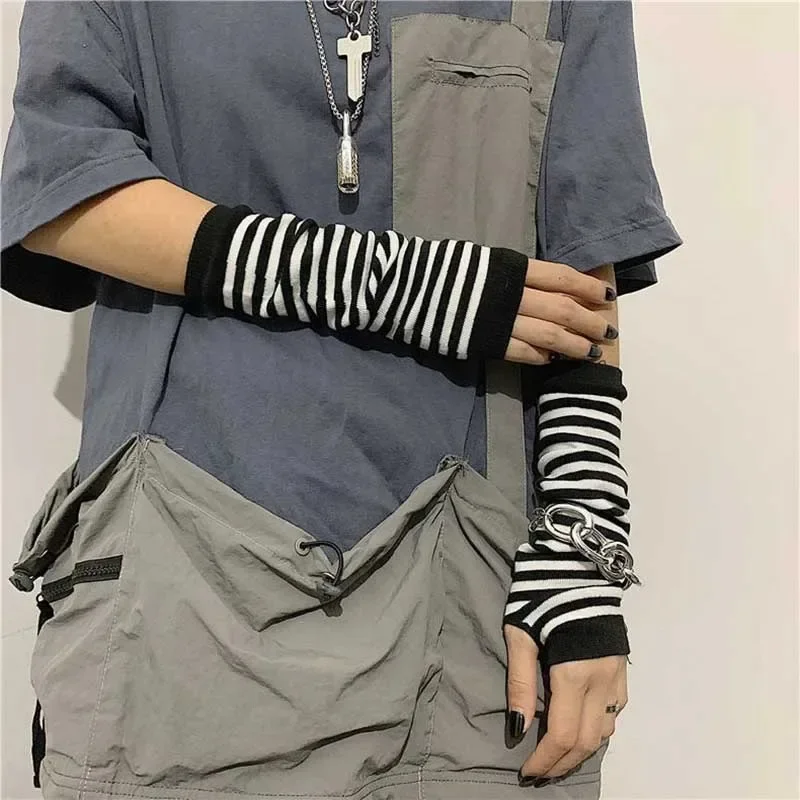黒パンクロングフィンガーレスグローブカフ女性男性用スポーツア - Y2K Tech Accessories のレビューと価格
